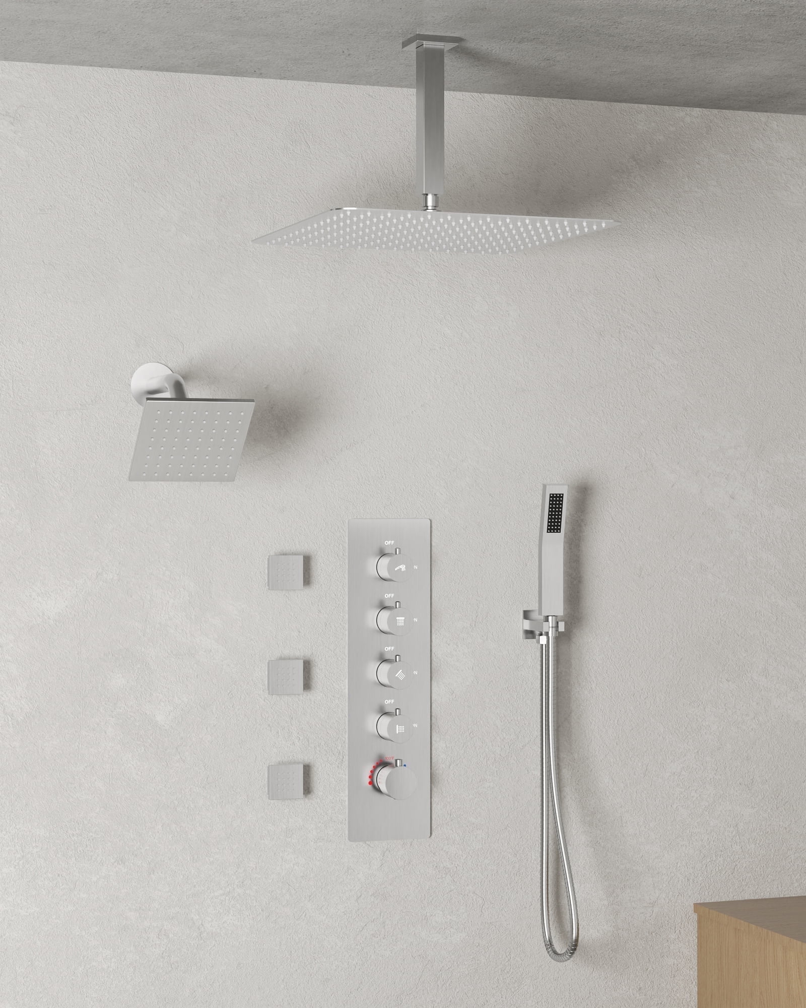 16" Brushed Nickel Dual Shower Head System with Thermostatic Valve