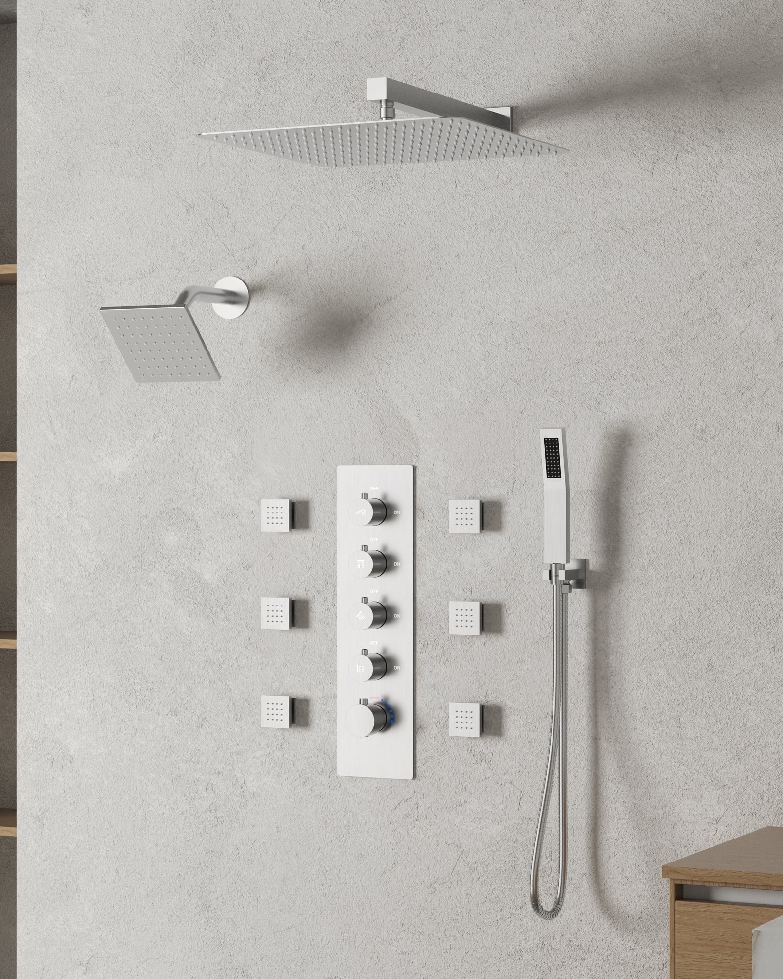 16" Dual Shower Heads with Handheld Spray and Body Jets in Brushed Nickel