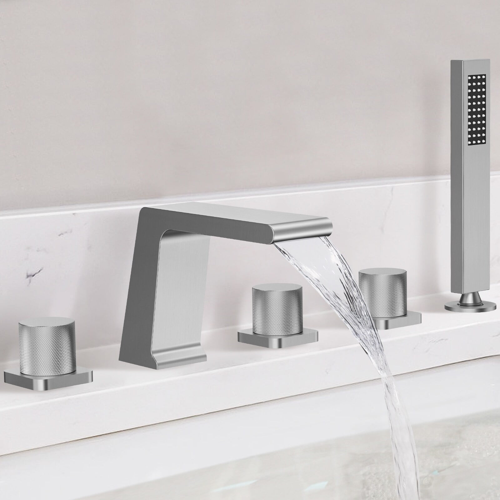 EVERSTEIN 3 Handle Waterfall Tub Faucet with Handheld Shower Deck Mount