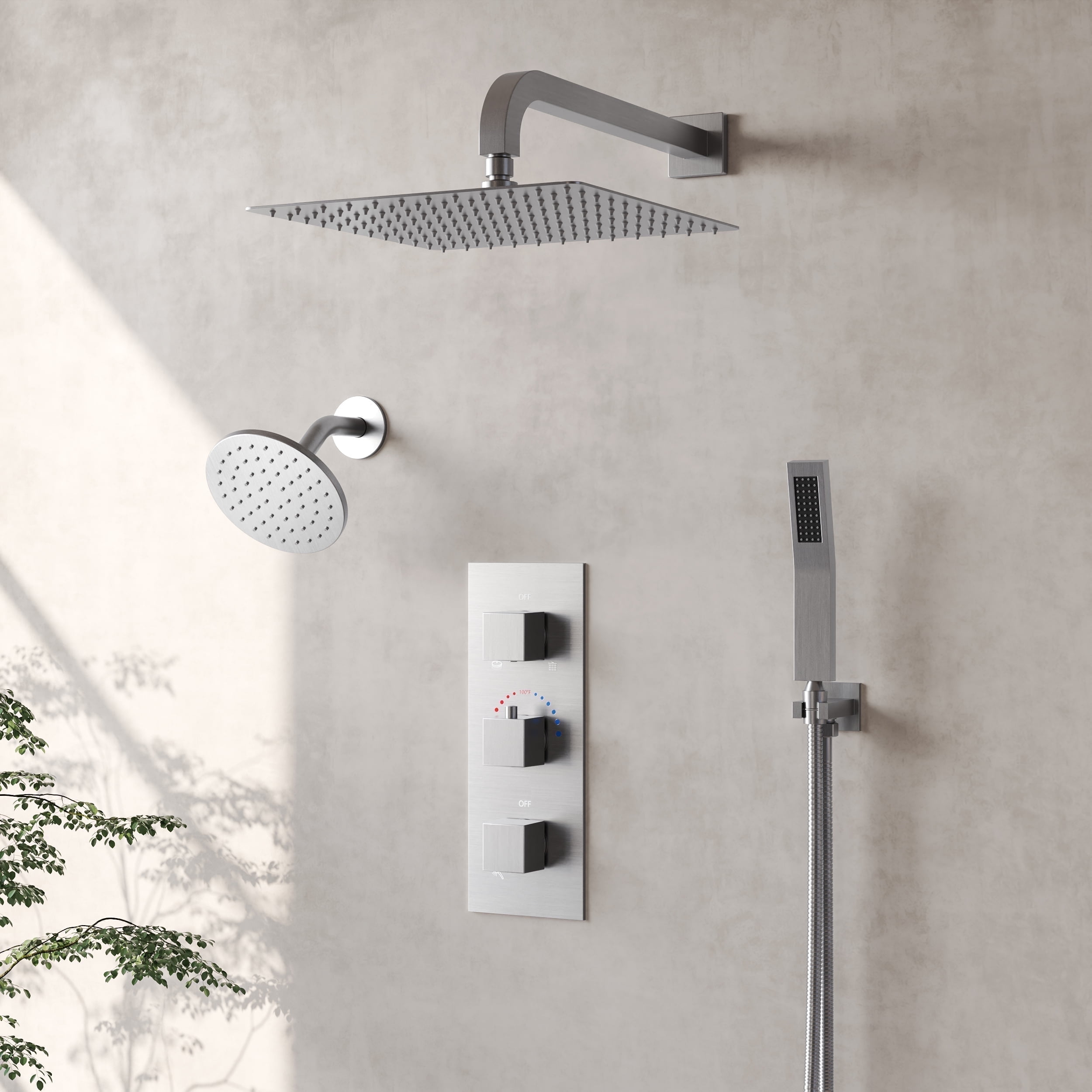 Brushed Nickel Dual Shower System with Handheld Spray and Thermostatic Valve