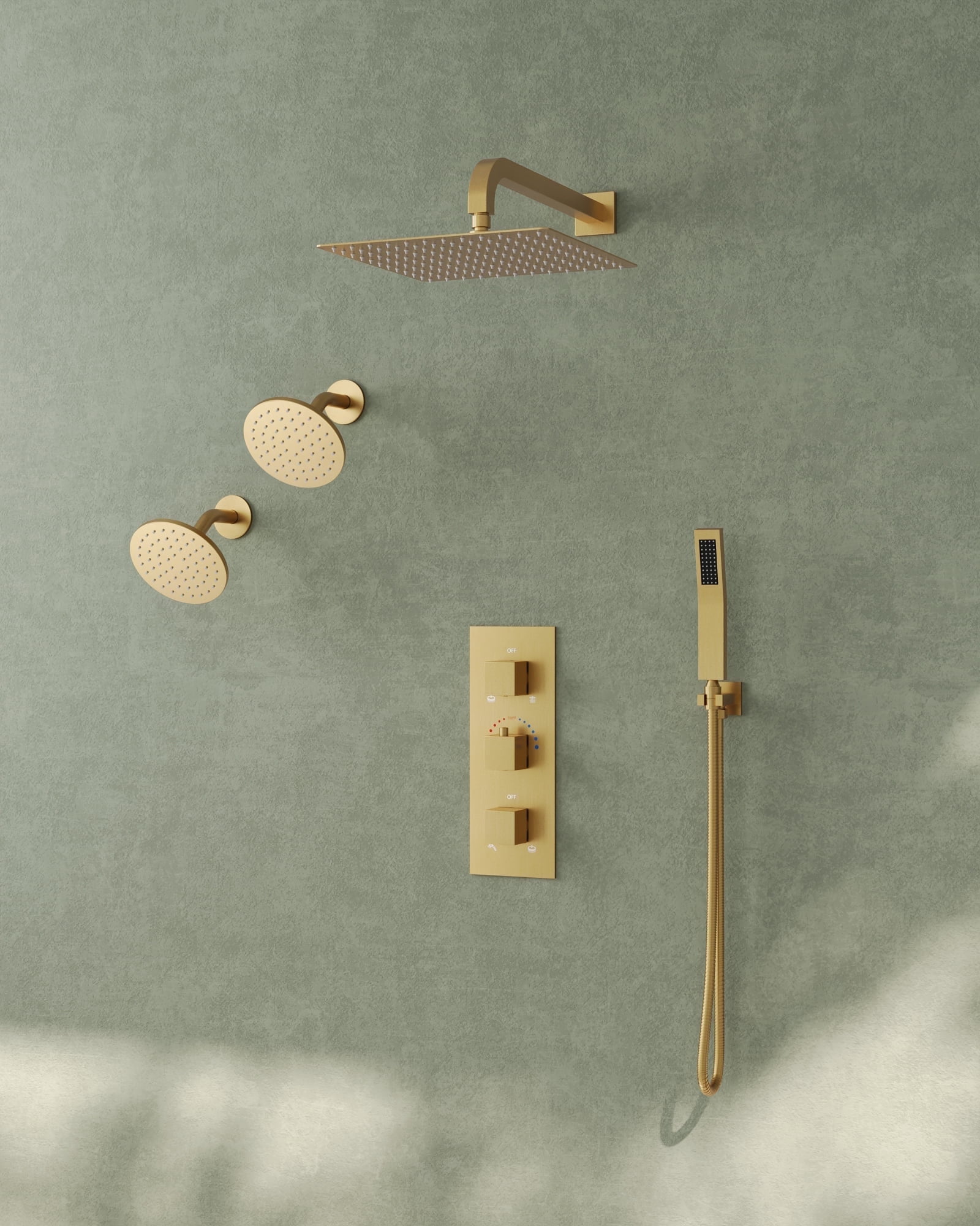 Gold Thermostatic 12" Triple Showerhead System with Handheld