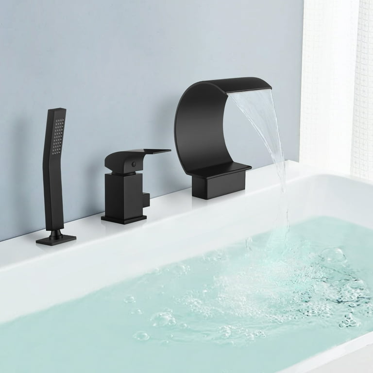 Waterfall Deck-Mount Roman Tub Faucet with Handshower in Matte Black
