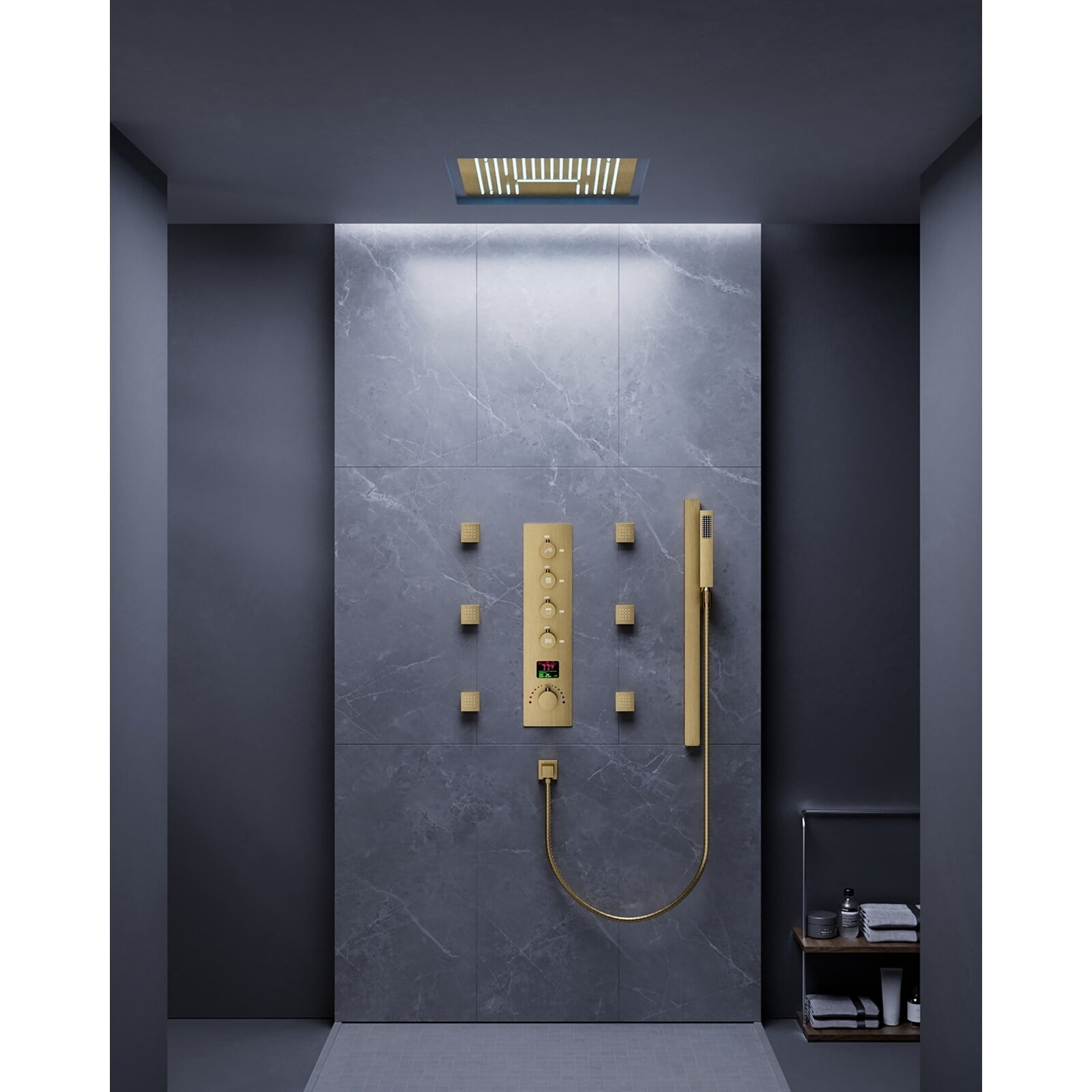 Brushed Gold LED Rainfall Shower System with Adjustable Jets
