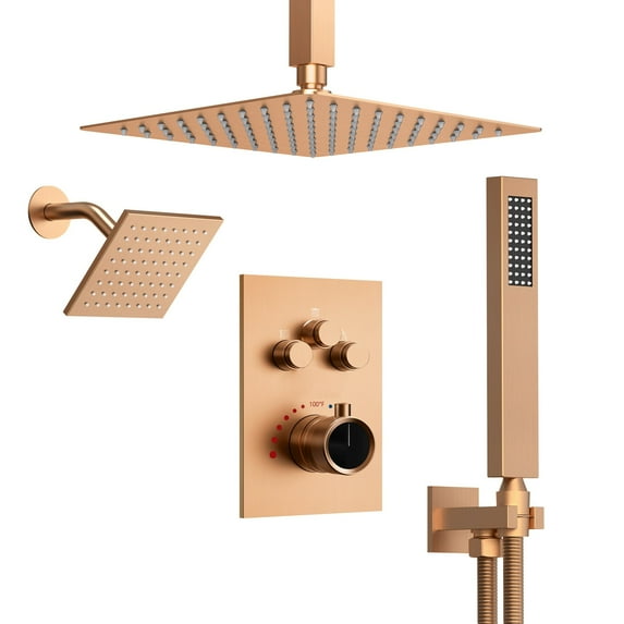 EVERSTEIN Dual Heads - 12"/6" Rain Shower Faucet with 3 Way Thermostatic Valve - High Pressure Rose Gold