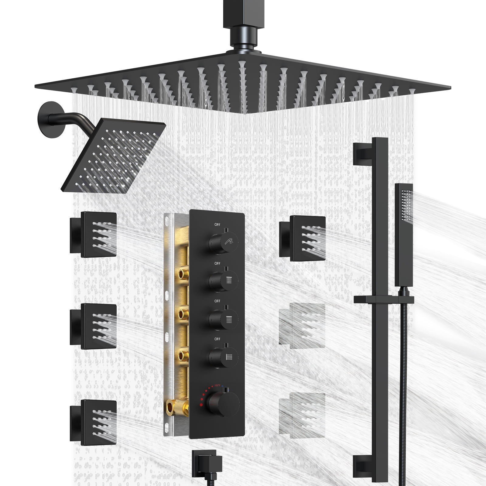 EVERSTEIN Dual Heads Thermostatic Shower Faucet Slide Bar 16"Rainfall & High Pressure 6"Shower