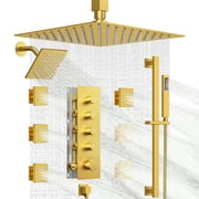 EVERSTEIN Dual Rain Shower Head System CUPC 2.5 GPM Thermostatic Valve Faucet 16" & 6" High Pressure Spray 5 Way Handle with 6 Body Jets Adjustable Slide Bar,Brushed Gold