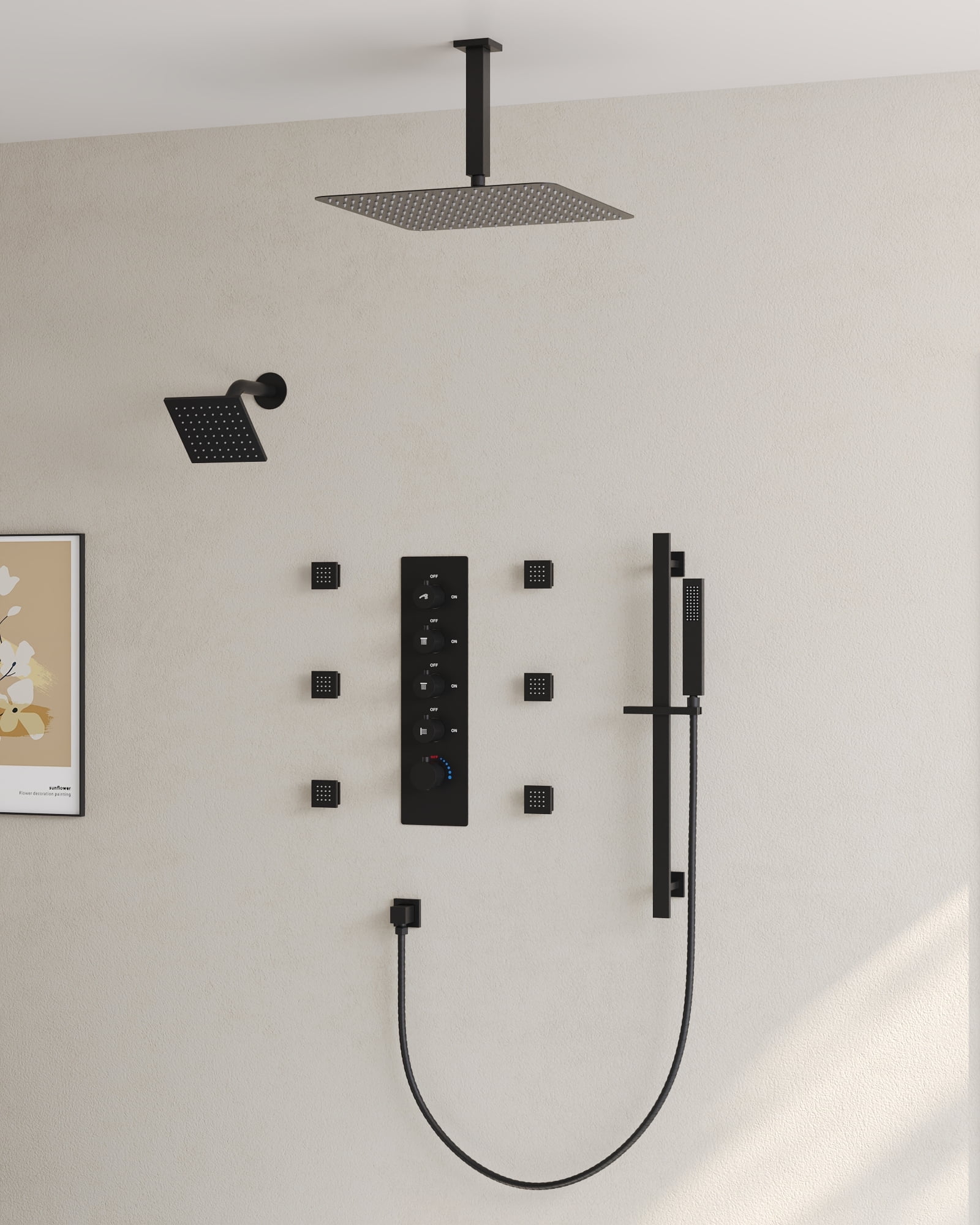 Matte Black Dual Shower System with Adjustable Body Jets