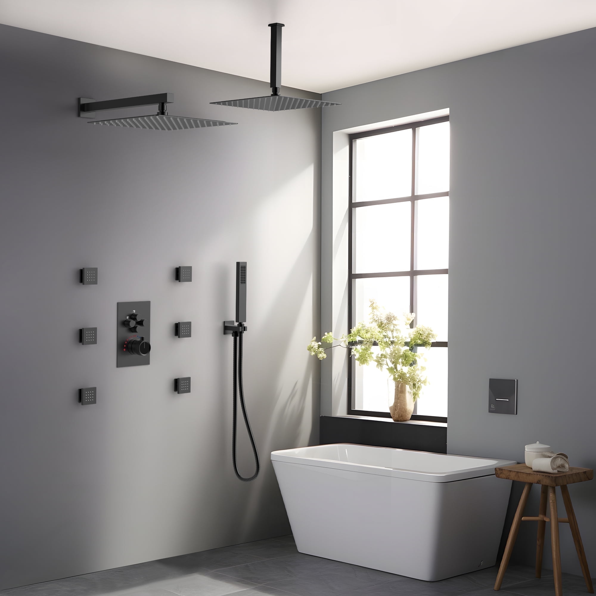 Matte Black Dual Shower Head System with Body Jets and Hand Shower