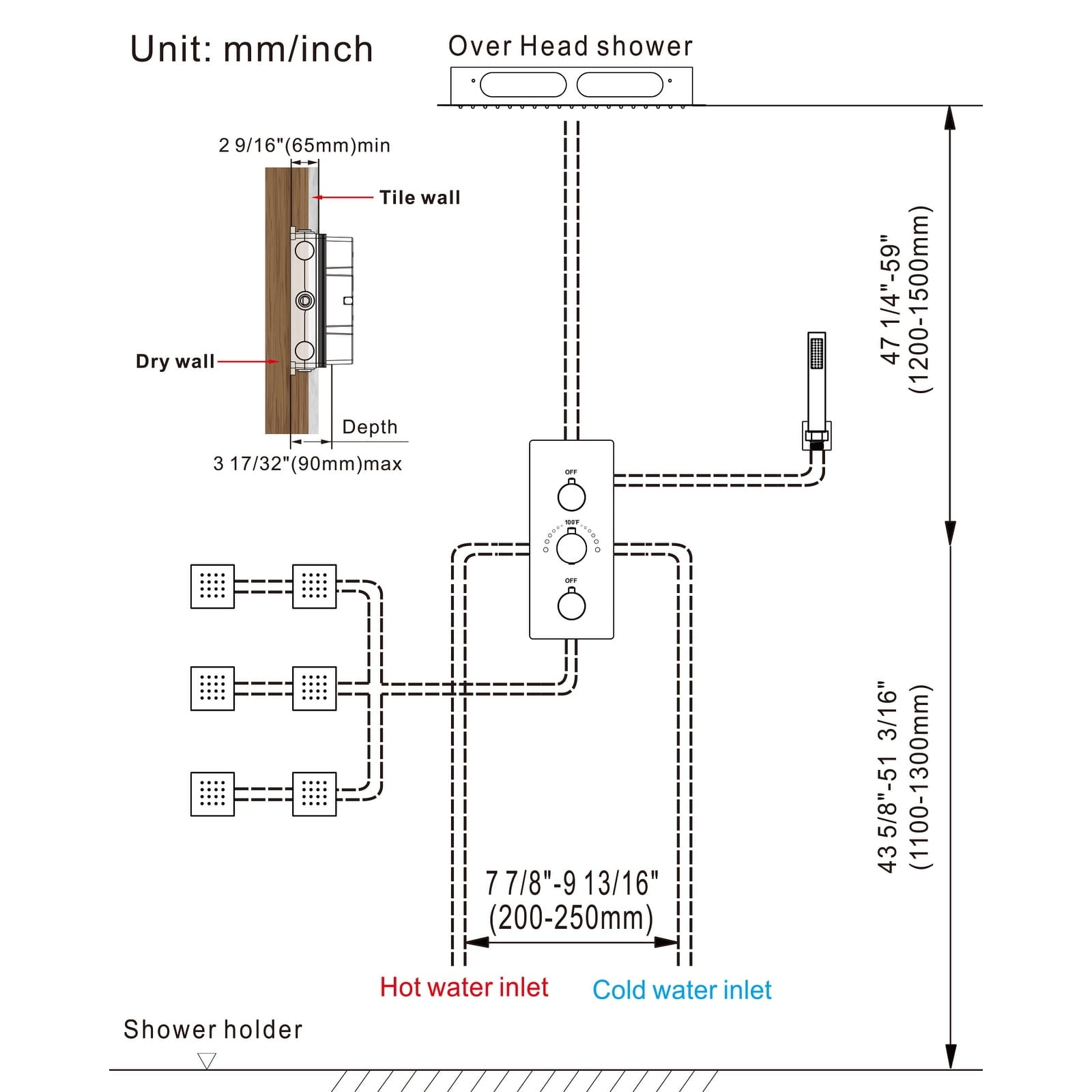 Brushed Gold LED Thermostatic Shower System with 12" Rainfall Head and Body Jets