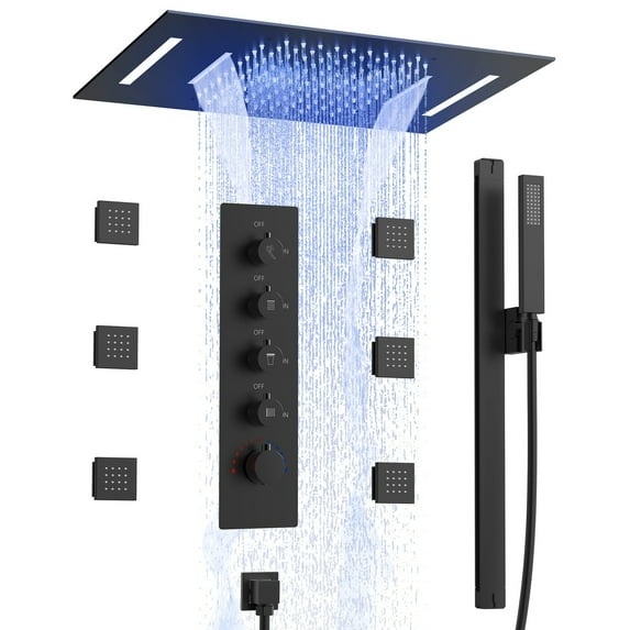 EVERSTEIN LED Thermostatic Shower System 2 Functions Shower Head with 6 Body Jets & Slide Bar, 22"x15" Matte Black