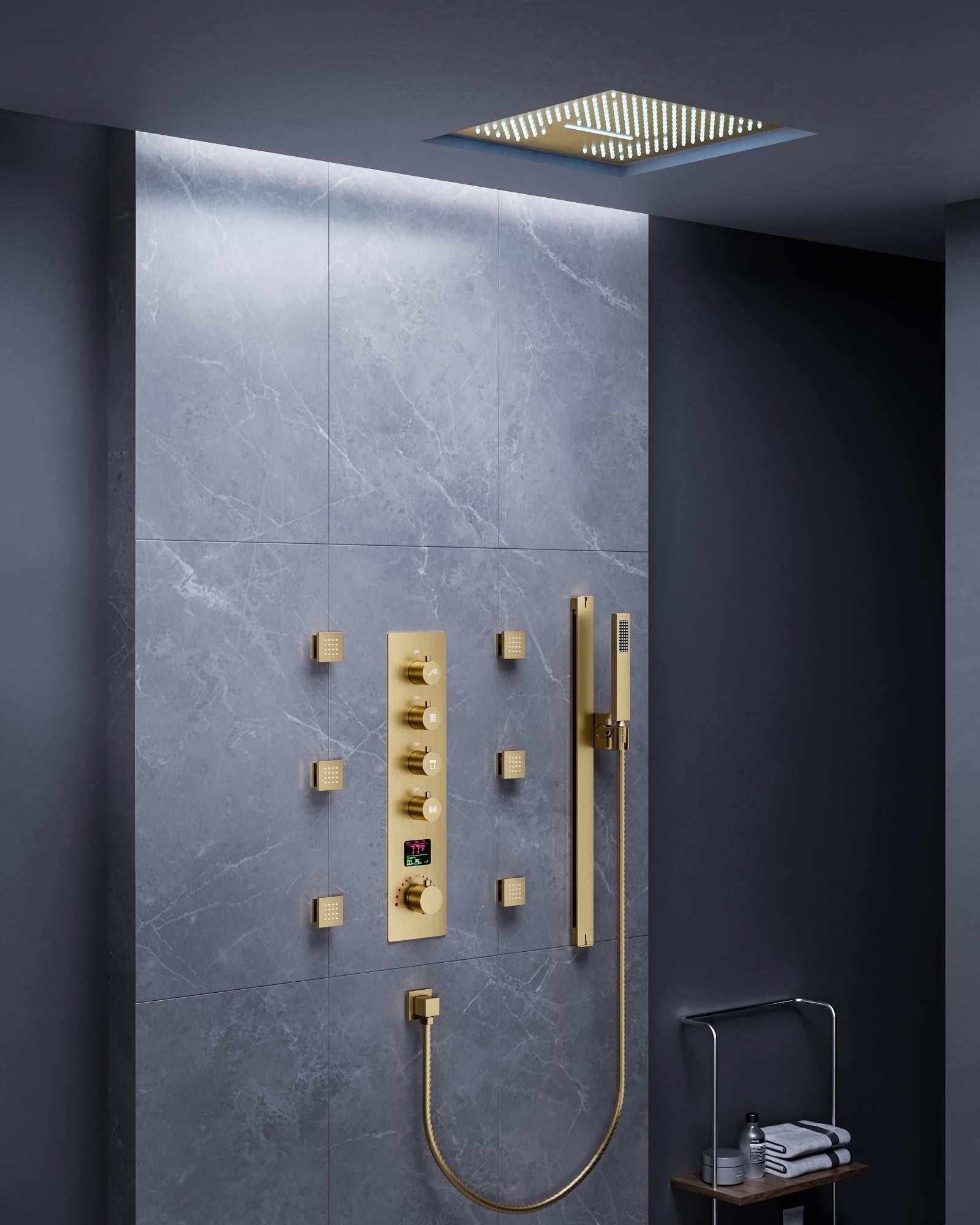 Brushed Gold LED Rainfall Shower System with Adjustable Jets