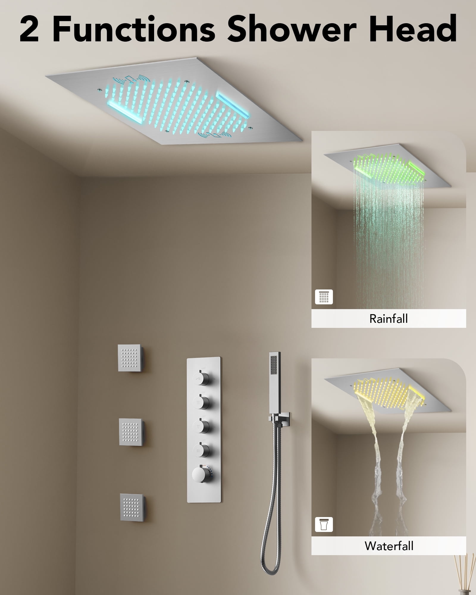 20" Brushed Nickel LED Ceiling Mount Shower System with Bluetooth