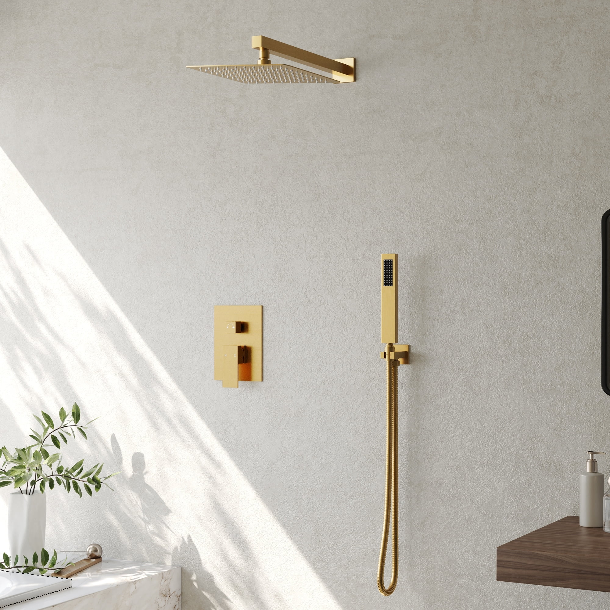 Brushed Gold Dual Head Wall Mounted Rain Shower System