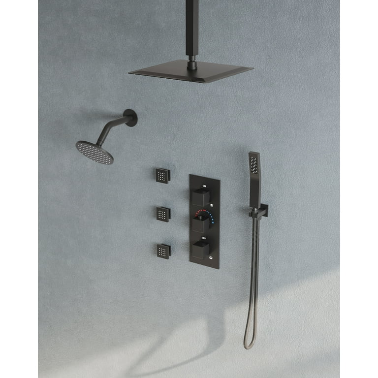 Shower System Ceiling Mounted with 12 in. Square Rainfall Shower head and Handheld Shower Head Set, Matte Black Shower System Ceiling Mounted with 12 in. Square Rainfall Shower head and Handheld Shower Head Set, Matte Black