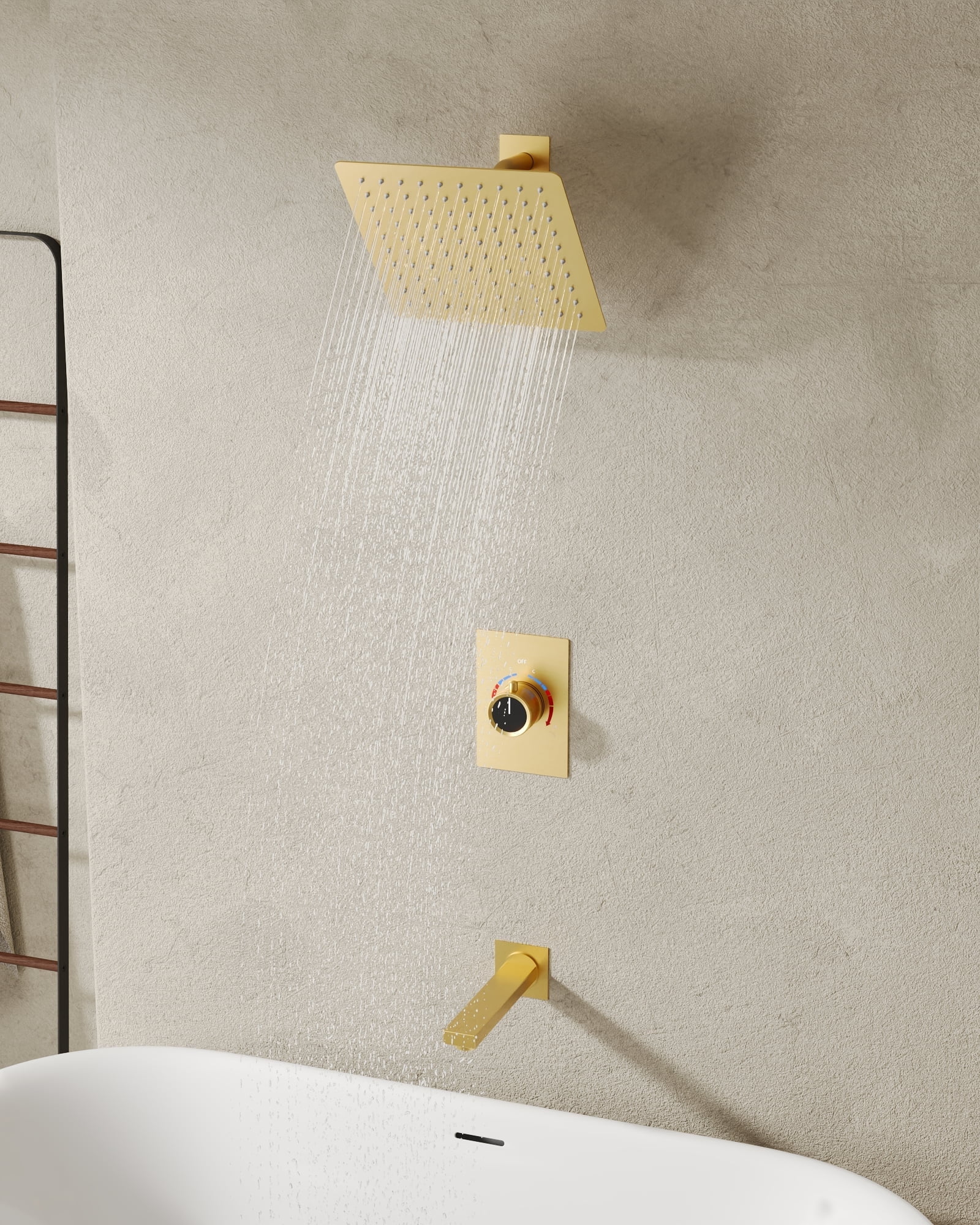 Brushed Gold Wall-Mounted Rain Shower and Tub Faucet Set