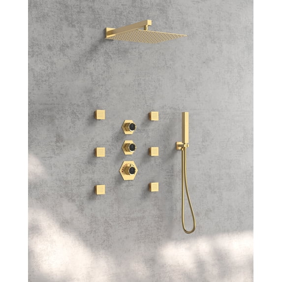 EVERSTEIN Thermostatic 12 inch Shower Head System Wall Mount Rain CUPC Shower Faucet Set with Valve 6 pcs Side Body Jets High Pressure 2 Functions Handheld Spray Brushed Gold