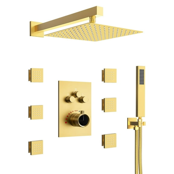 EVERSTEIN Thermostatic Shower System with 12" Rain Shower,Handheld and Body Jets Brushed Gold