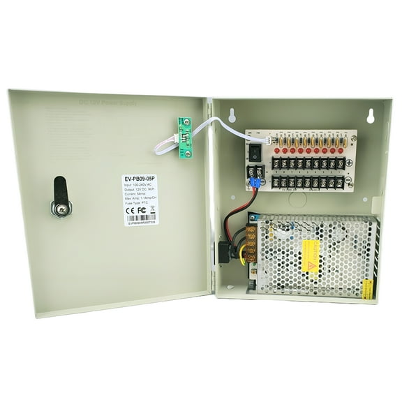 EVERTECH 8 Channel 9 Port Power Box Security Camera 12V DC 5A Ampere CCTV DVR Power Supply Switch Box Key Locked