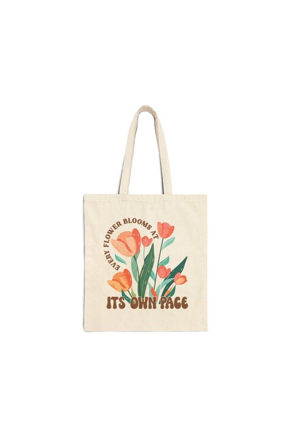 EVERY FLOWER BLOOMS Boho Floral Tote Bag with Calm Aesthetic Artwork
