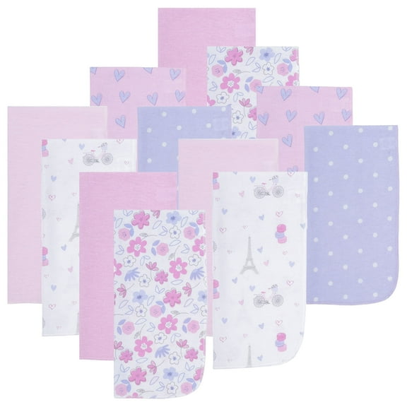 EVERYDAY KIDS 12 Pack Burp Cloths - Paris/Flowers/Hearts