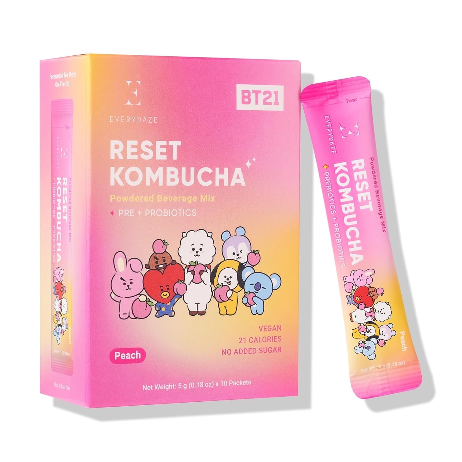EVERYDAZE BT21 Reset Kombucha, Peach Flavor, 10 Pack Powder Mix