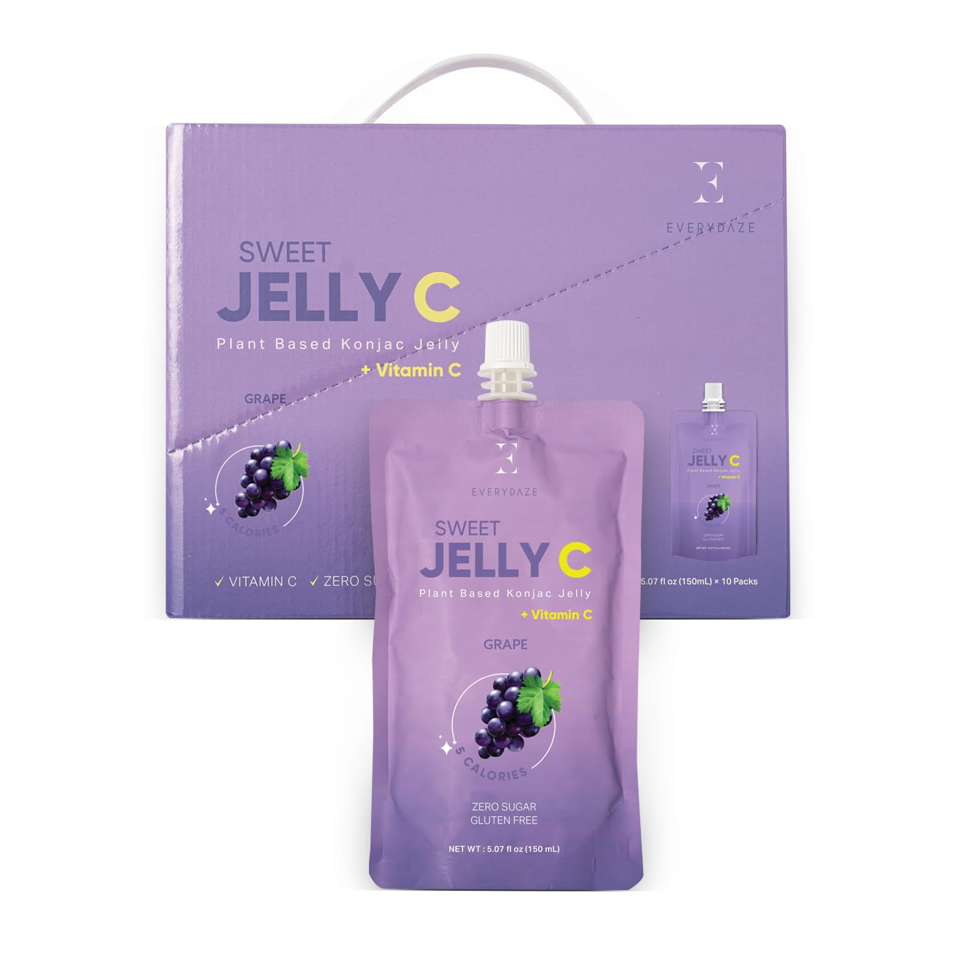 EVERYDAZE Sweet Jelly C IRF13 Konjac Jelly | Grape | Vitamin C, Vegan, Gluten Free, Sugar Free, Low Calorie | Healthy Korean Drinkable Fruit Snack | 10 Pack Box Food Drink Pouch