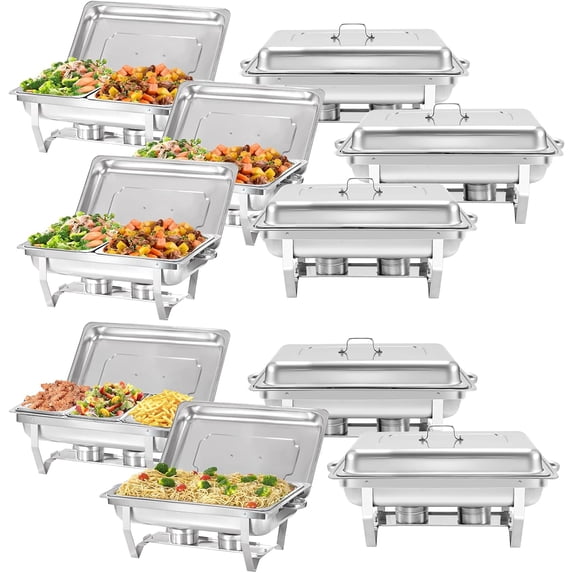 EVGTTI 10 Pack Chafing Dish Rectangular 8QT Half Pan×6+1/3 Pan×2+Full Pan×2 Chafers Stainless Steel Catering Buffet Warmer Set for Parties,Events,Wedding,Dinner