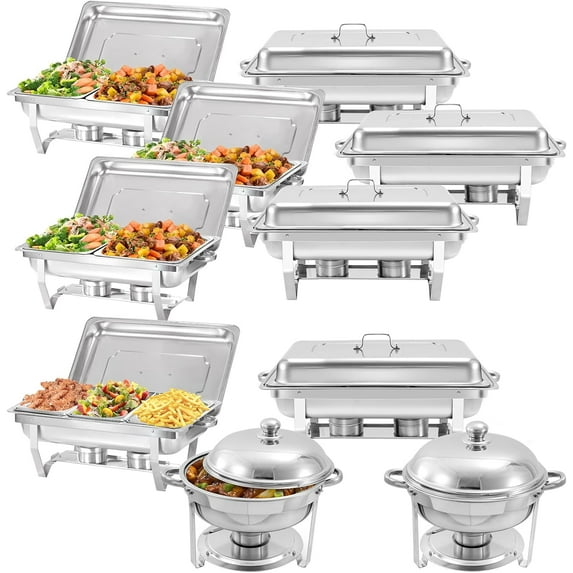 EVGTTI 10 Pack Chafing Dish Rectangular 8QT Half Pan×6+1/3 Pan×2+Round 6QT×2 Chafers Stainless Steel Catering Buffet Warmer Set for Parties,Events,Wedding,Dinner