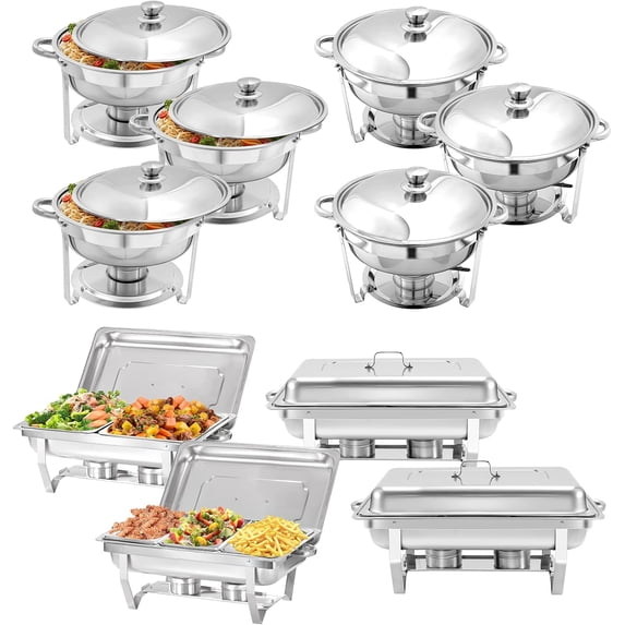 EVGTTI 10 Pack Chafing Dish Round 5QT×6+Rectangular 8QT Half Pan×2+1/3 Pan×2 Chafers Stainless Steel Catering Buffet Warmer Set for Parties,Events,Wedding,Dinner