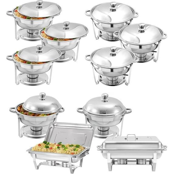 EVGTTI 10 Pack Chafing Dish Round 5QT×6+Round 6QT×2+Rectangular 8QT Full Pan×2 Chafers Stainless Steel Catering Buffet Warmer Set for Parties,Events,Wedding,Dinner