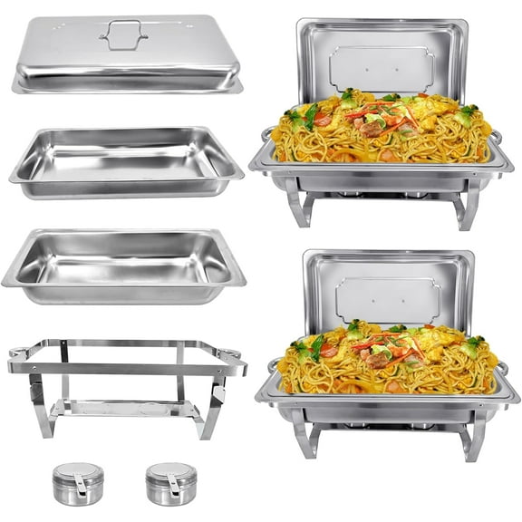 EVGTTI 2 Pack 8 QT Chafing Dish Buffet Set, Durable Stainless Steel and Space-Saving Food Warmer with Lids, Full Pans, Water Pan and Fuel Holders for Restaurant, Catering, Parties and Weddings