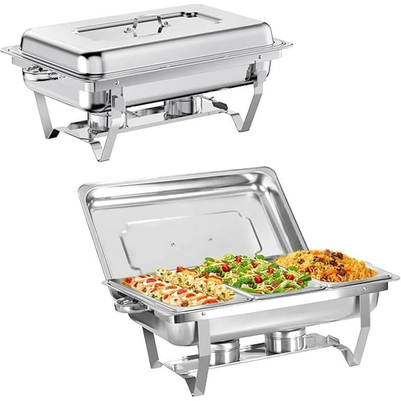 EVGTTI 2 Pack 8QT Chafing Dish Buffet Set, High Grade Stainless Steel Chafing Dish with 1/3 Size Pan, Foldable Frame for Parties, Events