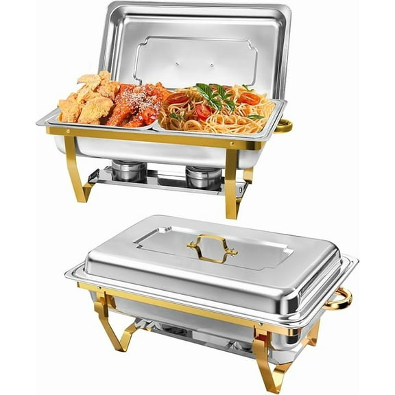 EVGTTI 2 Pack 8QT Chafing Dishes Buffet Set, Chafers for Catering Chafing Dish Buffet Set with Half Size Pan, Gold Chafers and Buffet Warmer Set for Buffet