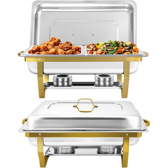 EVGTTI 2 Pack Gold Chafing Dish for Buffet, 8QT Roll Edge Designed Chafing Dish Buffet Set, Stainless Steel Food Warmer with 1/2 Size Pan for Parties, Church Events