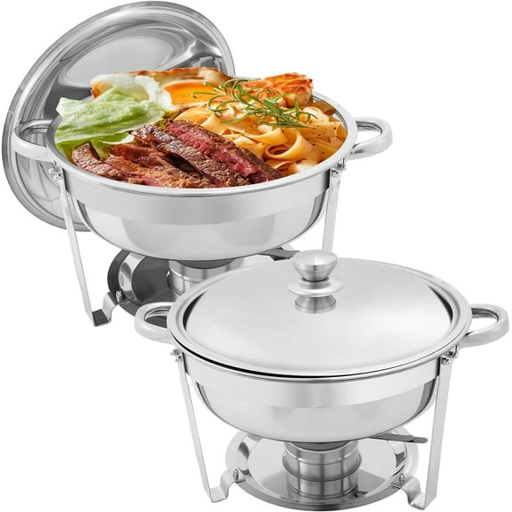 EVGTTI 2 Pack Round Chafing Dish Buffet Set, 5QT Stainless Steel Chafing Dish, Chafers and Buffet Warmer Sets for Wedding, Rolled-Edge Design