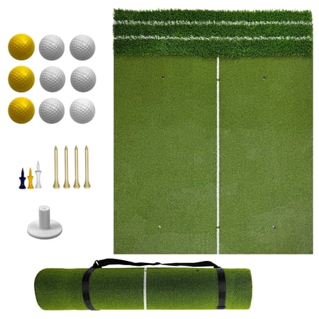 EVGTTI 5x4ft Golf Hitting Mat Complete Set with 9 Balls & 8 Tees, Dual-Turf 3-Layer Design, Realistic Feel & Anti-Slip Base for Indoor/Outdoor Practice