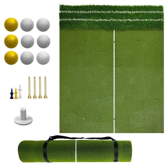 EVGTTI  5x4ft Golf Hitting Mat Complete Set with 9 Balls & 8 Tees, Dual-Turf 3-Layer Design, Realistic Feel & Anti-Slip Base for Indoor/Outdoor Practice