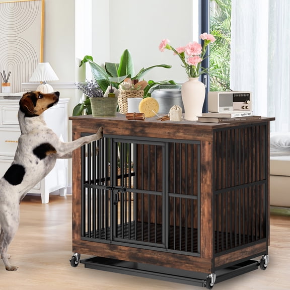 EVGTTI 39" Dog Crate End Table - Chew Proof Furniture with Removable Top & Pull-Out Tray for Large Dogs, Rustic Brown