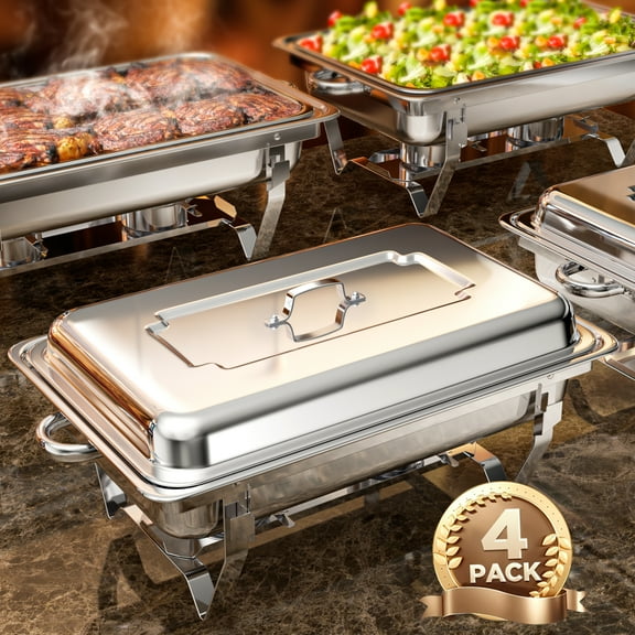 EVGTTI 4 Pack 8 QT Chafing Dish Buffet Set, Stainless Steel Catering Serve Chafer, Restaurant Food Warmer, Buffet Stove with Full-Size Food Pans and Foldable Frame for Party