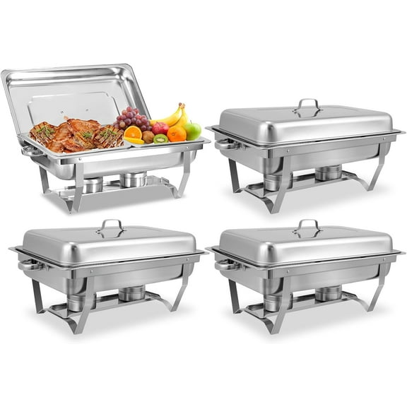 EVGTTI 4 Pack 8 QT Chafing Dish High Grade Stainless Steel Chafer Complete Set, Silver Food Wamer with Half Size Food Pan, Metal Handle for at least 8 People