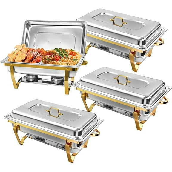 EVGTTI 4 Pack 8QT Chafing Dishes Buffet Set, Chafers for Catering Chafing Dish Buffet Set with Half Size Pan, Gold Chafers and Buffet Warmer Set for Buffet