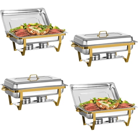 EVGTTI 4 Pack 8QT Gold Chafing Dish Buffet Set, High Grade Stainless Steel Chafing Dish with Foldable Frame for Parties, Events