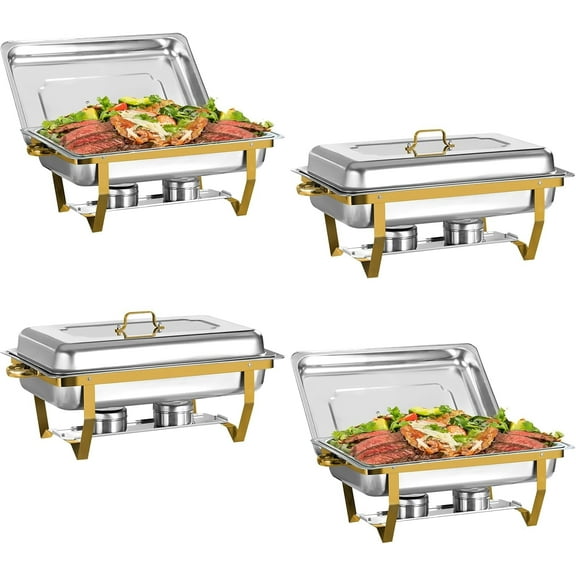 EVGTTI 4 Pack 8QT Gold Chafing Dish Buffet Set, High Grade Stainless Steel Chafing Dish with Foldable Frame for Parties, Events