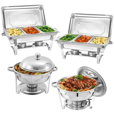 EVGTTI 4 Pack Chafing Dish Buffet Set, 6Qt Round×2+Rectangular 8QT 1/3 pan×2 Stainless Steel Catering Warmer Set with Water Pan for Parties, Events, Wedding, Camping, Dinner