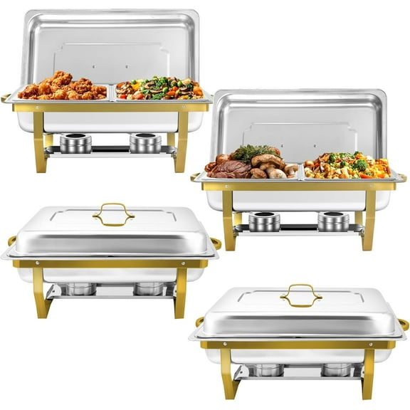 EVGTTI 4 Pack Gold Chafing Dish for Buffet, 8QT Roll Edge Designed Chafing Dish Buffet Set, Stainless Steel Food Warmer with 1/2 Size Pan for Parties, Church Events