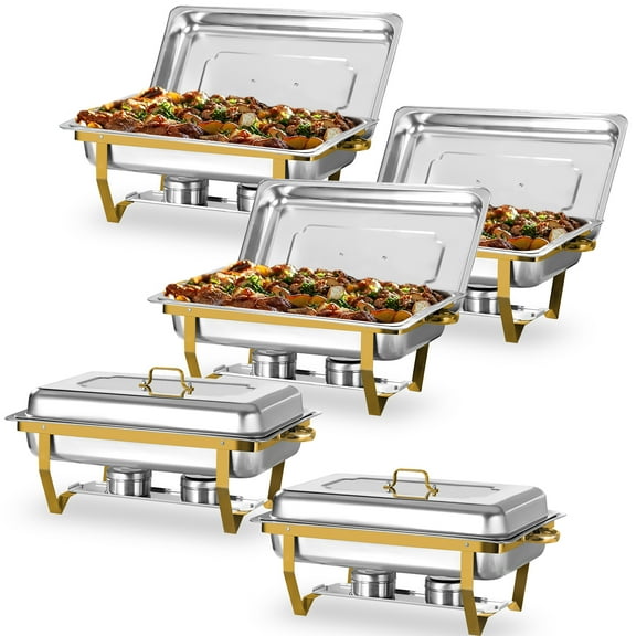 EVGTTI 5 Pack 8QT Gold Chafing Dish Buffet Set, High Grade Stainless Steel Chafing Dish with Foldable Frame for Parties, Events