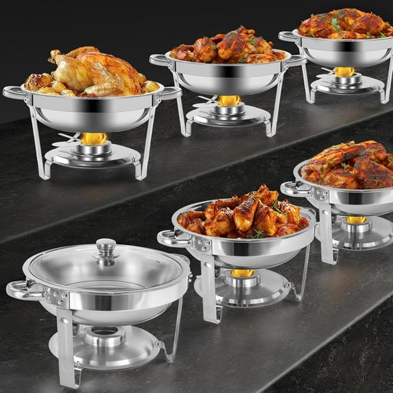 EVGTTI 6 Pack 5QT Chafing Dish for Buffet, Round Stainless Steel Chafing Dish with Glass Lid for Catering, Events, Weddings