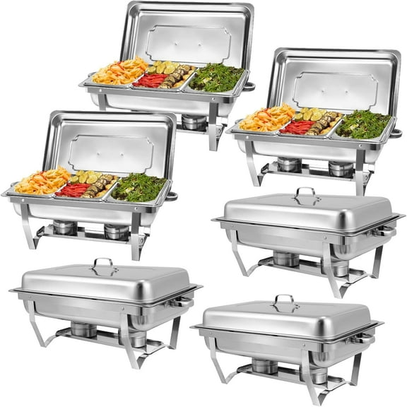 EVGTTI 6 Pack 8QT Chafing Dish, Stainless Steel Chafer Complete Set with 1/3 Size Food Pan, Foldable Frame, Fuel Holder, Lid with Metal Handle for Buffet, Weddings