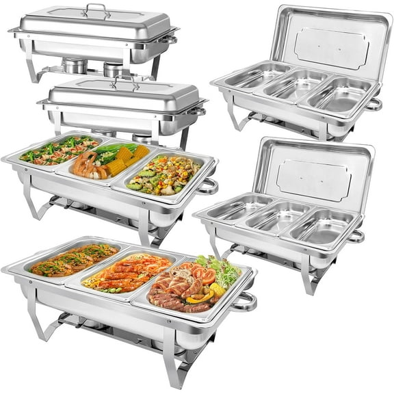 EVGTTI 6 Pack 8QT Chafing Dishes For Buffet, Stainless Steel Chafing Dish with 1/3 Size Food Pan, Foldable Frame, Fuel Holder for Catering