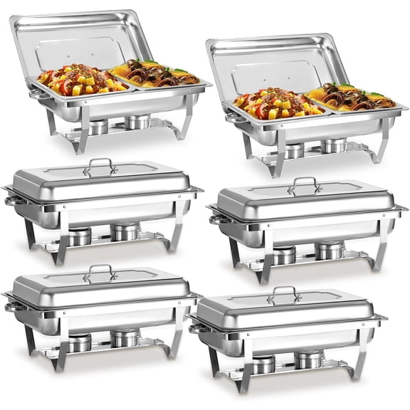 EVGTTI 6 Pack Chafing Dish for Buffet, 8QT Roll Edge Designed Chafing Dish Buffet Set, Stainless Steel Food Warmer with 1/2 Size Pan for Parties, Church Events